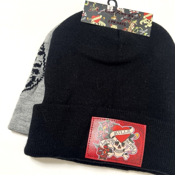 Ed Hardy Love Kills Slowly Skull Tiger Beanie Set 2-Pack Knit Black Gray Hat NWT - Picture 2 of 5